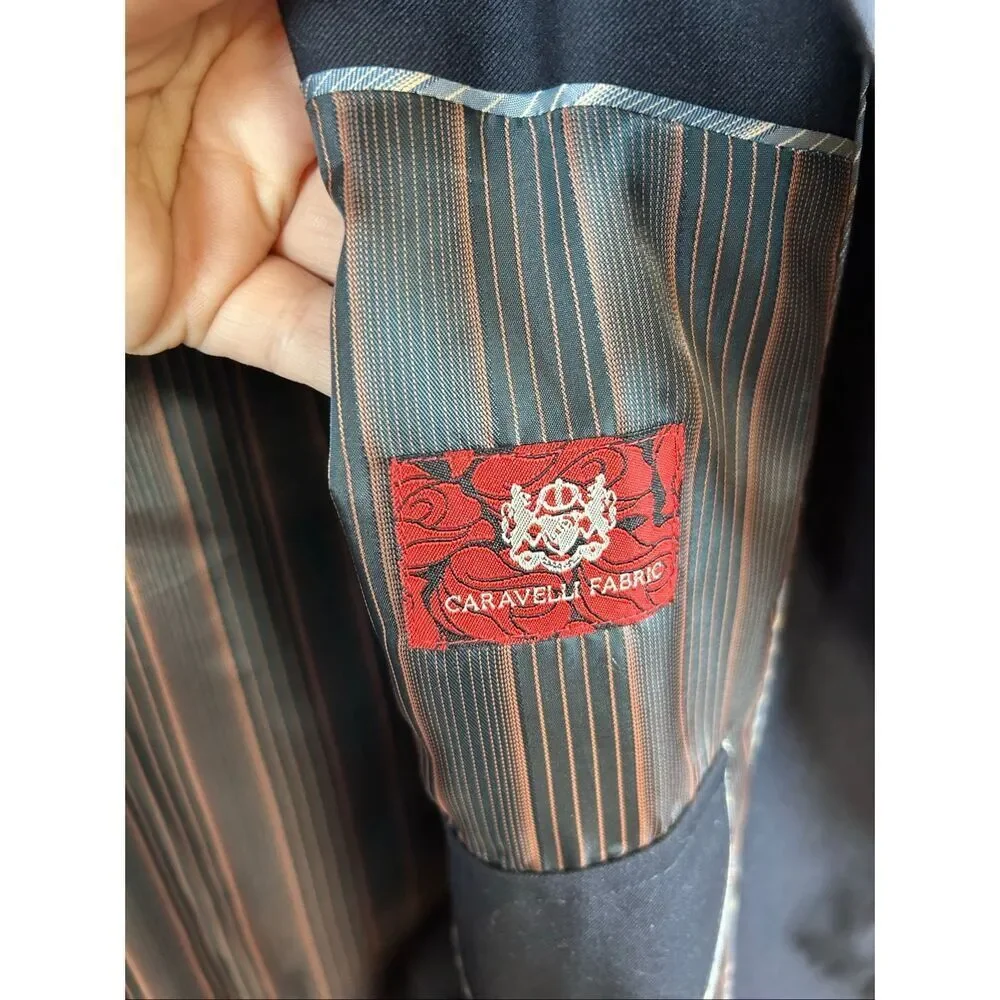 Caravelli Navy Blue Suite 60L 56W Jacket and Pants Small Hole in back of leg as